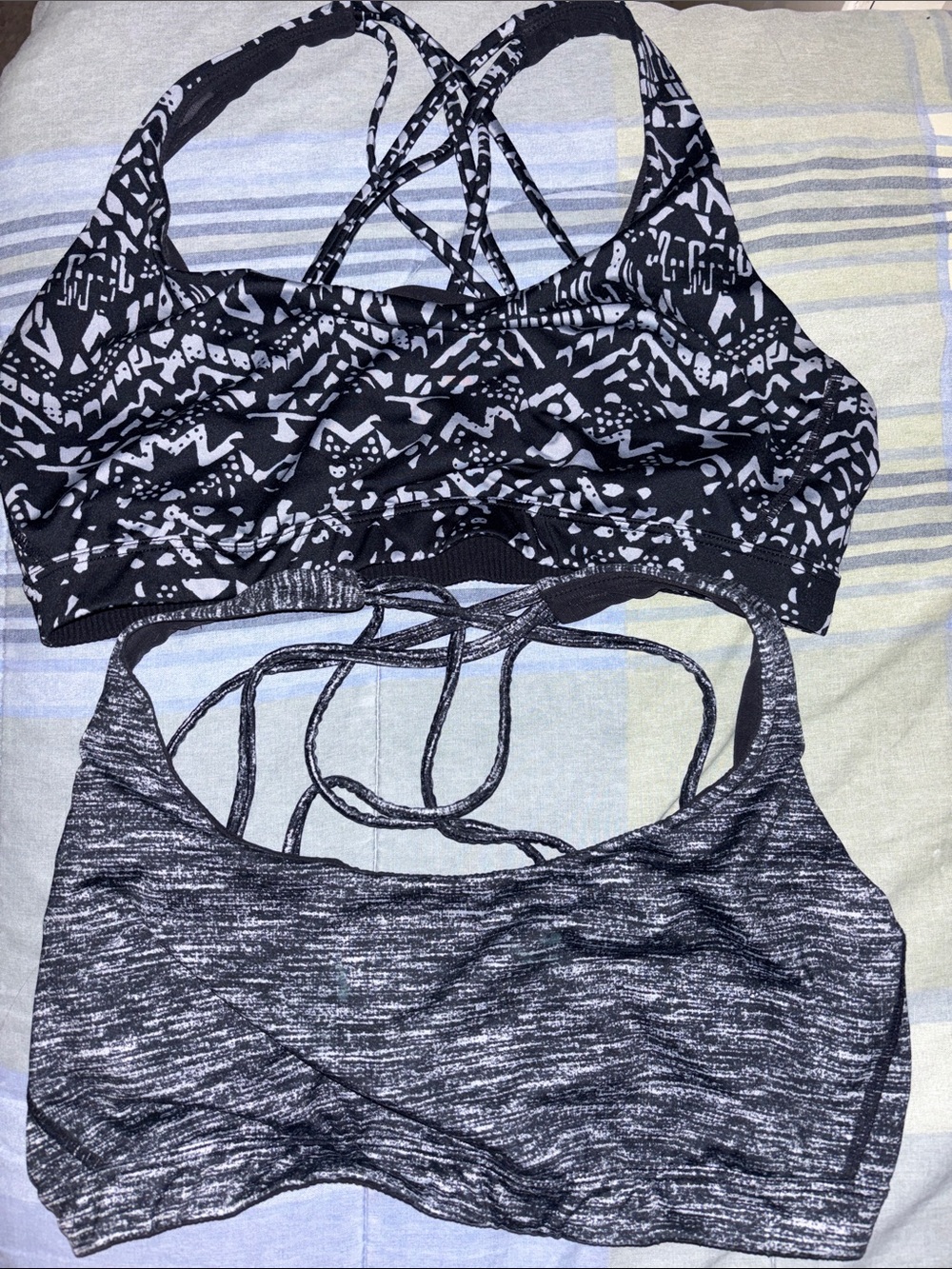Strappy Sports Bra Duo — Black Pattern & Heather Black